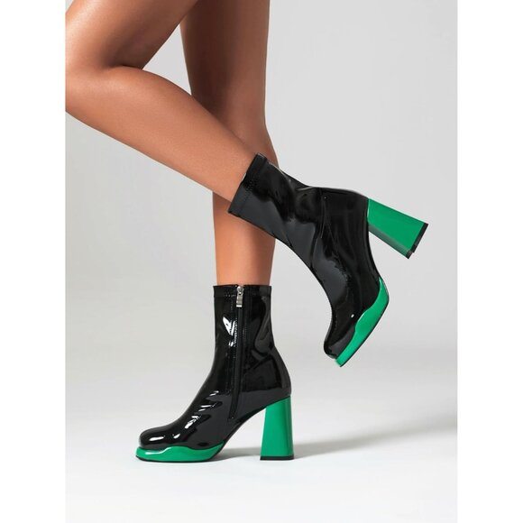 Women's Green Chunky Heel Ankle Boots Square Toe Mid Calf Side Zippers Boots - Picture 9 of 9